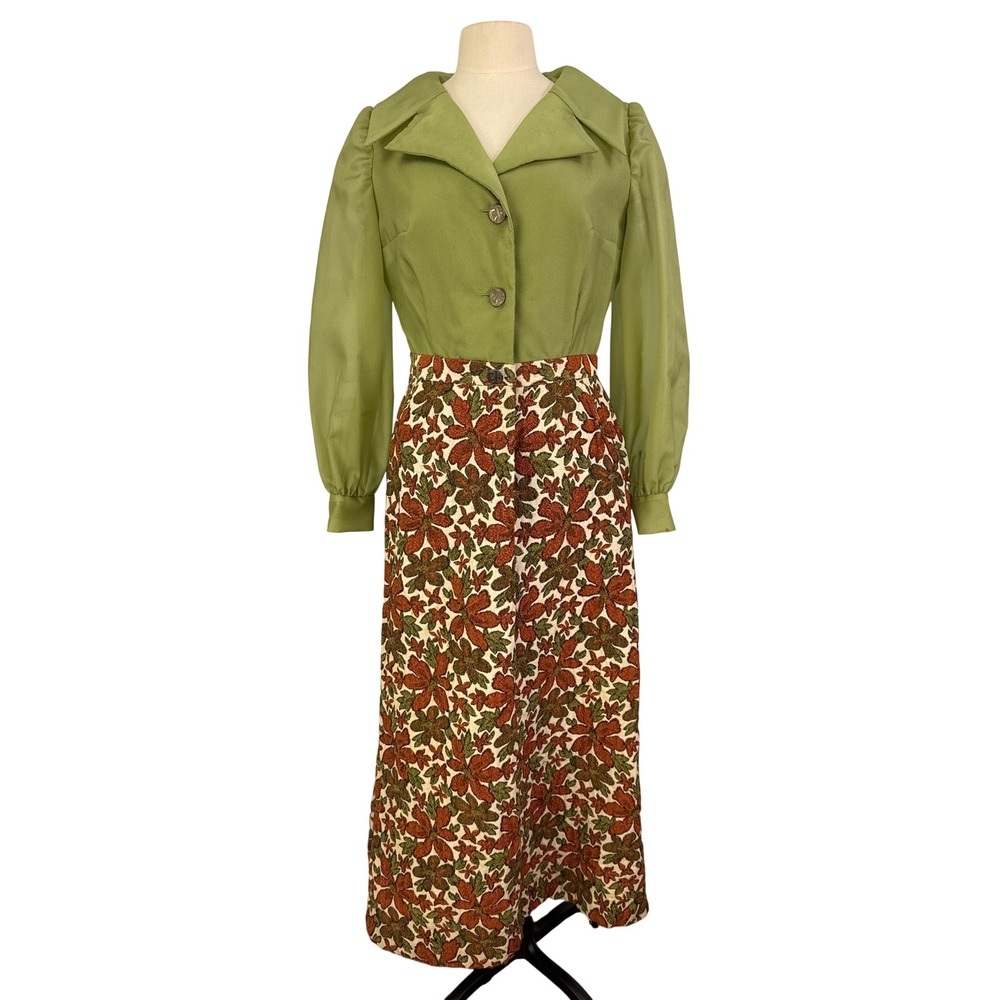 Vintage 70s Green Maxi Hostess Dress Floral Tapestry Skirt Bishop Sleeve Mod L‎
